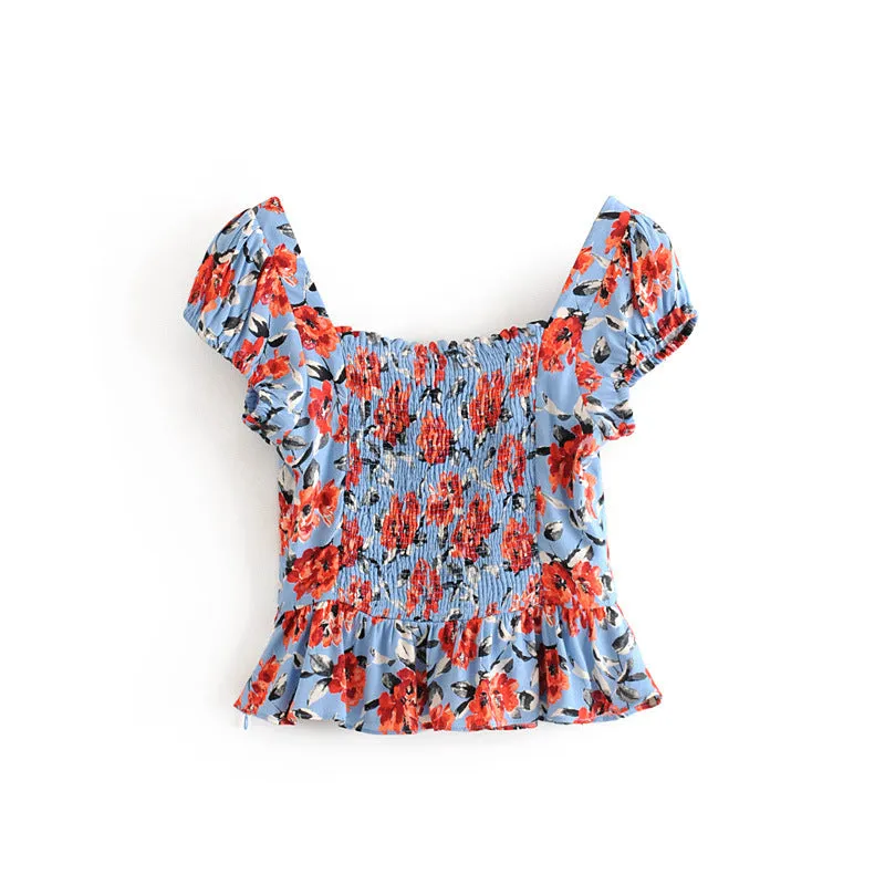 Low Cut Floral Shirt Colorful Printing Crop Tops In Bulk