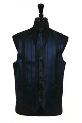 Men's Navy Blue Striped Vest with Neck Tie and Bow Tie