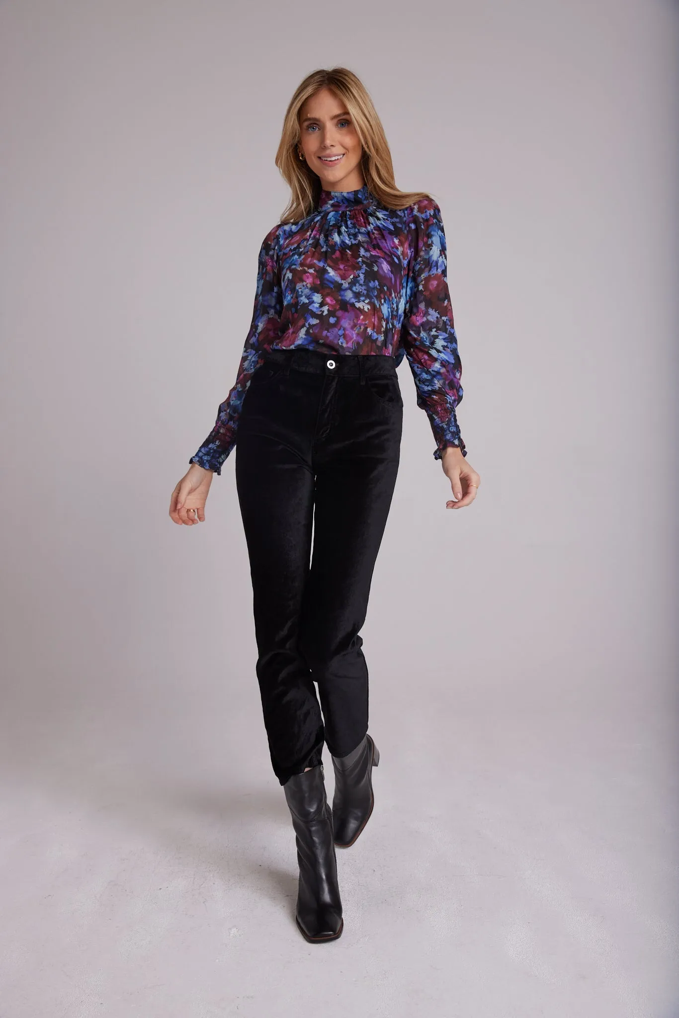 Mock Neck Smocked Cuff Top - Midnight Bloom Print