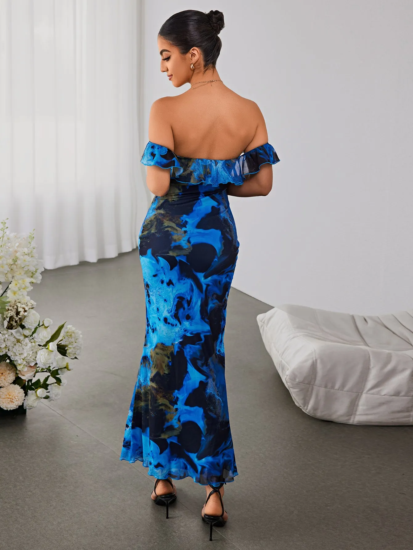 Off Shoulder Floral Mesh Mermaid Dress