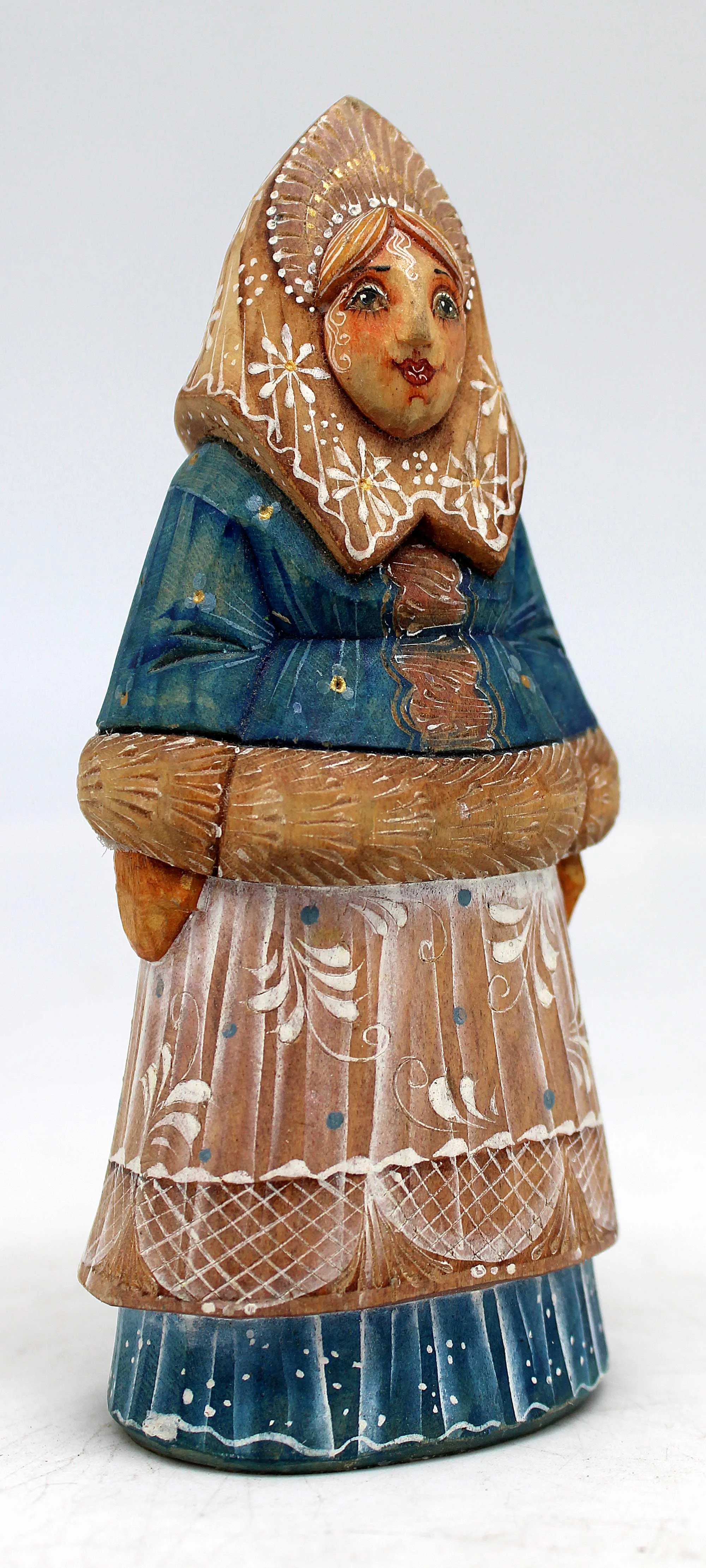 One-of-a-Kind of Women WOODCARVED Handpainted Figurine 2.25 X 1.5 X 5 " by G.DeBrekht Reserve