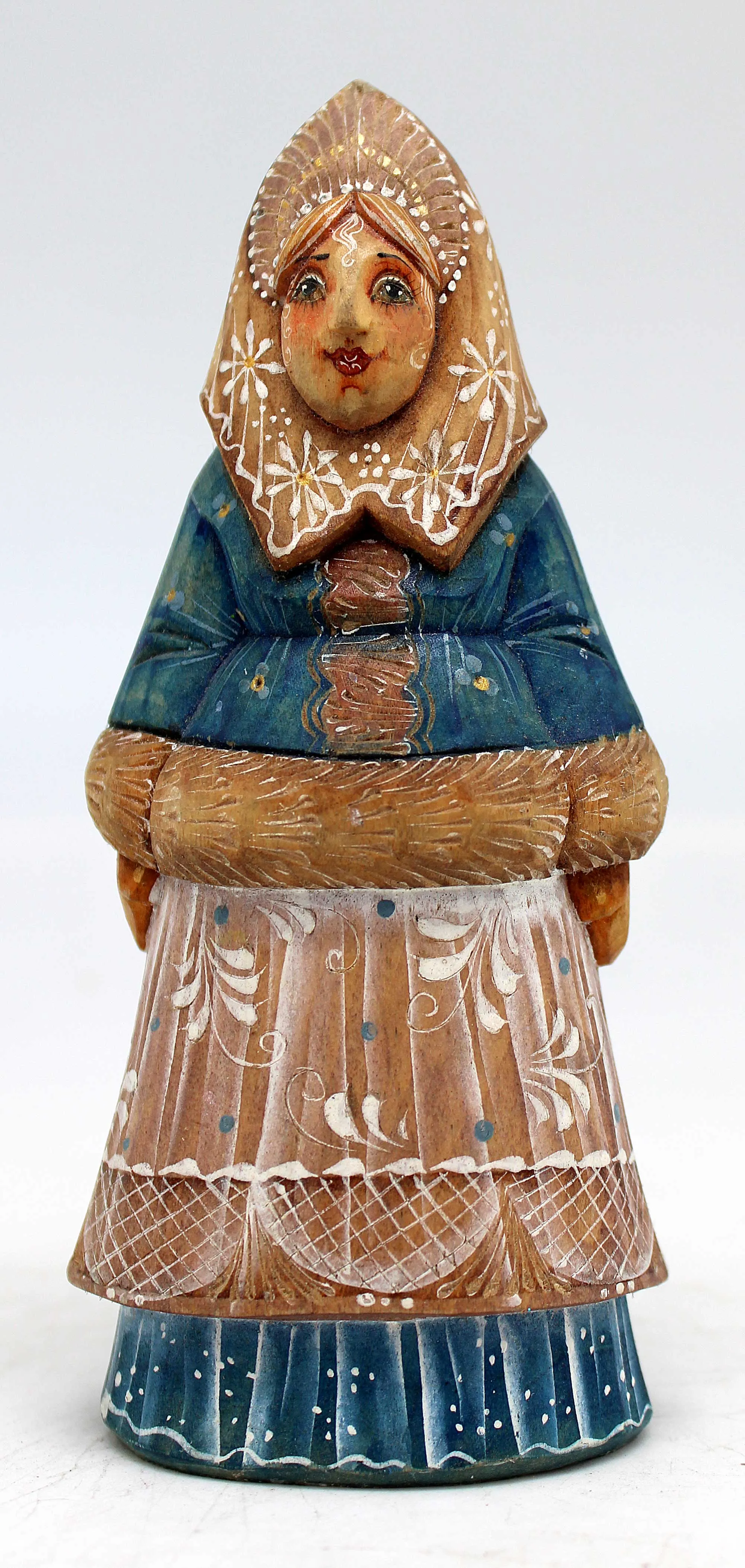 One-of-a-Kind of Women WOODCARVED Handpainted Figurine 2.25 X 1.5 X 5 " by G.DeBrekht Reserve