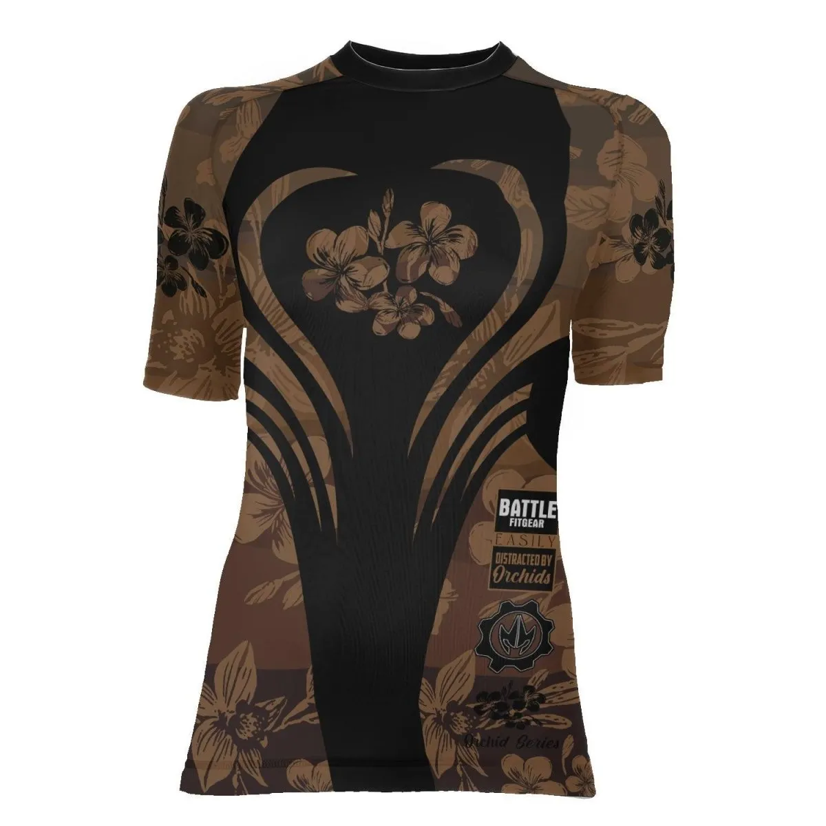Orchid Series Floral Brown Heart Pattern Women's Short Sleeve Rash Guard
