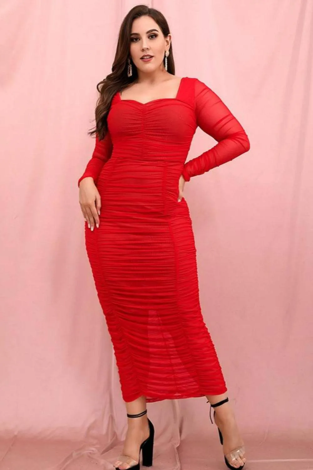 Plus Size Bodycon Midi Dress - Red