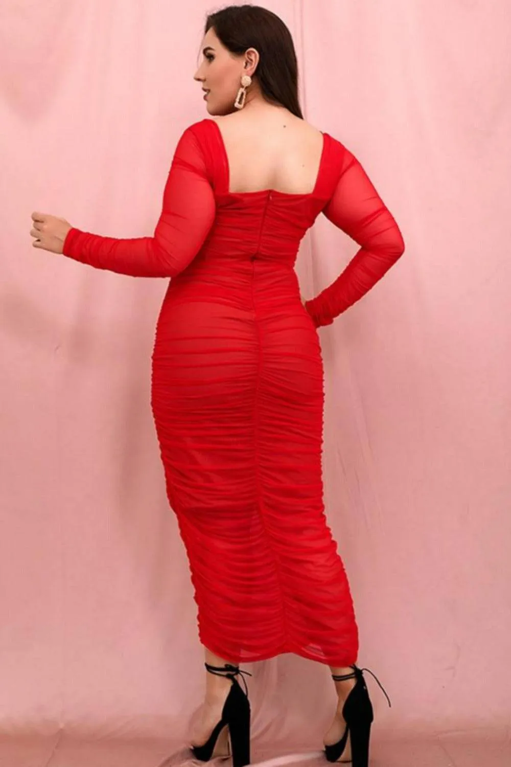 Plus Size Bodycon Midi Dress - Red