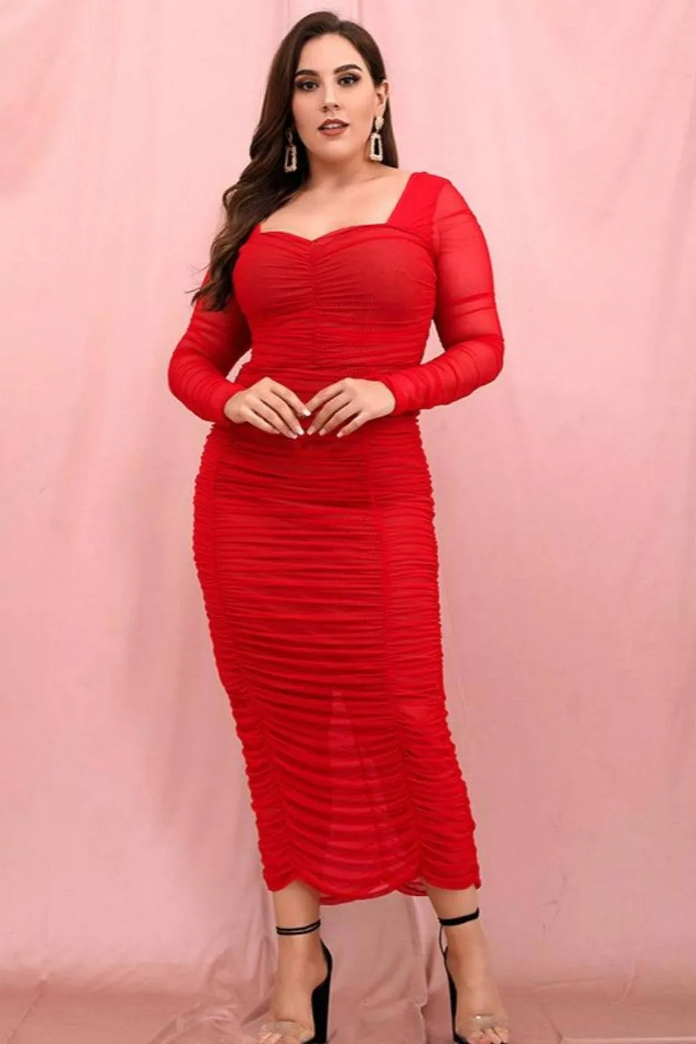 Plus Size Bodycon Midi Dress - Red