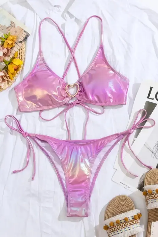Rhinestone Heart Ring Decor Holographic Padded Bikini