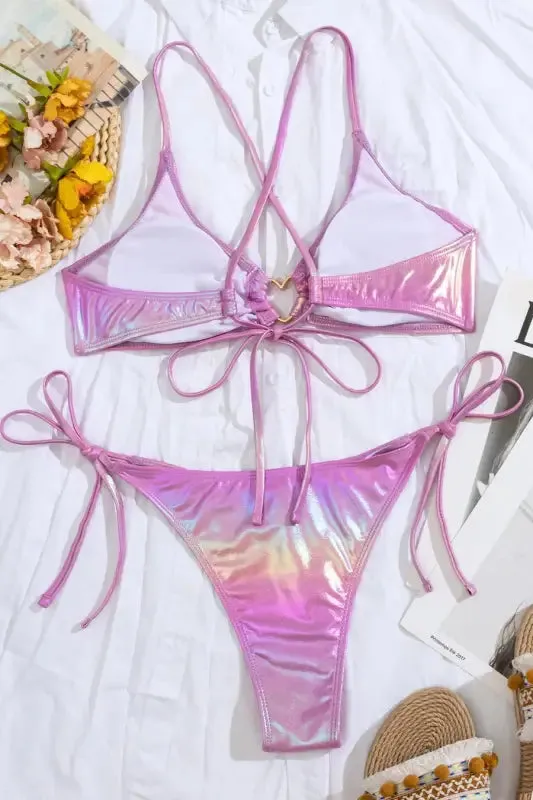 Rhinestone Heart Ring Decor Holographic Padded Bikini