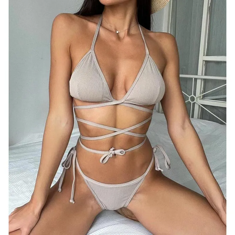 Ribbed Bikinis Halter Women's Swimsuit High Cut Swimwear