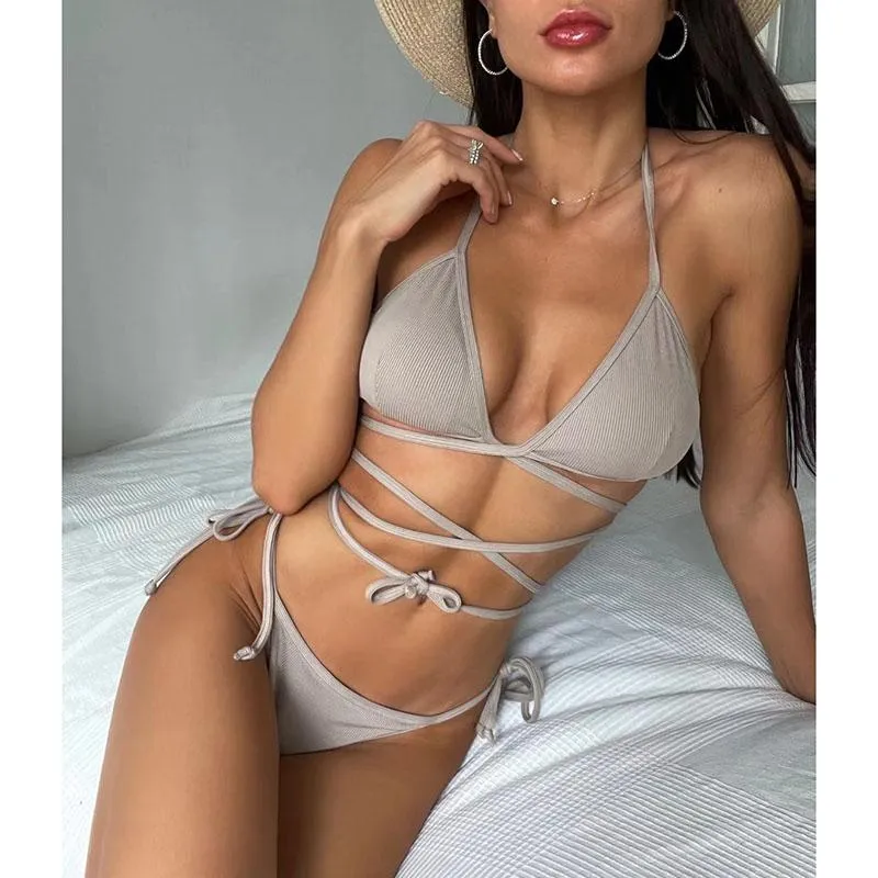 Ribbed Bikinis Halter Women's Swimsuit High Cut Swimwear