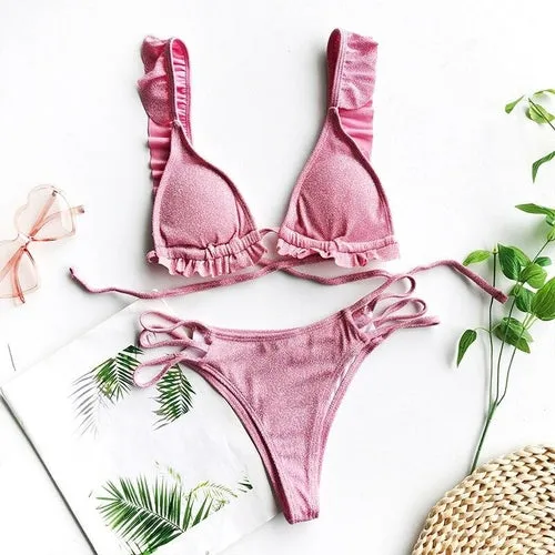 Ruffle Sexy Bikini Set Glitter Frill Swimsuit Female Triangle Micro