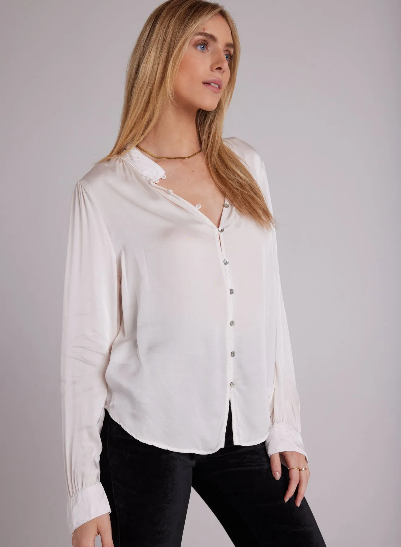 Satin Button Up Blouse - Soft Alabaster