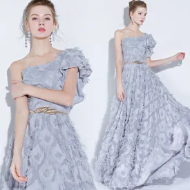 Short Puff Sleeve One Shoulder 3D Jacquard Chiffon Tassel Long Short Flare Evening Dress Gowns