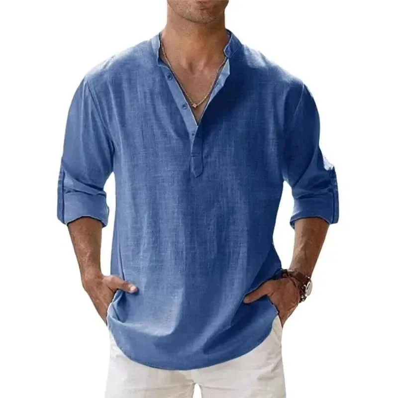 Spring New Men's Casual Slim Fit Polo Shirt Solid Color Breathable Button Long Sleeved Top Refreshing and Comfortable T-shirt