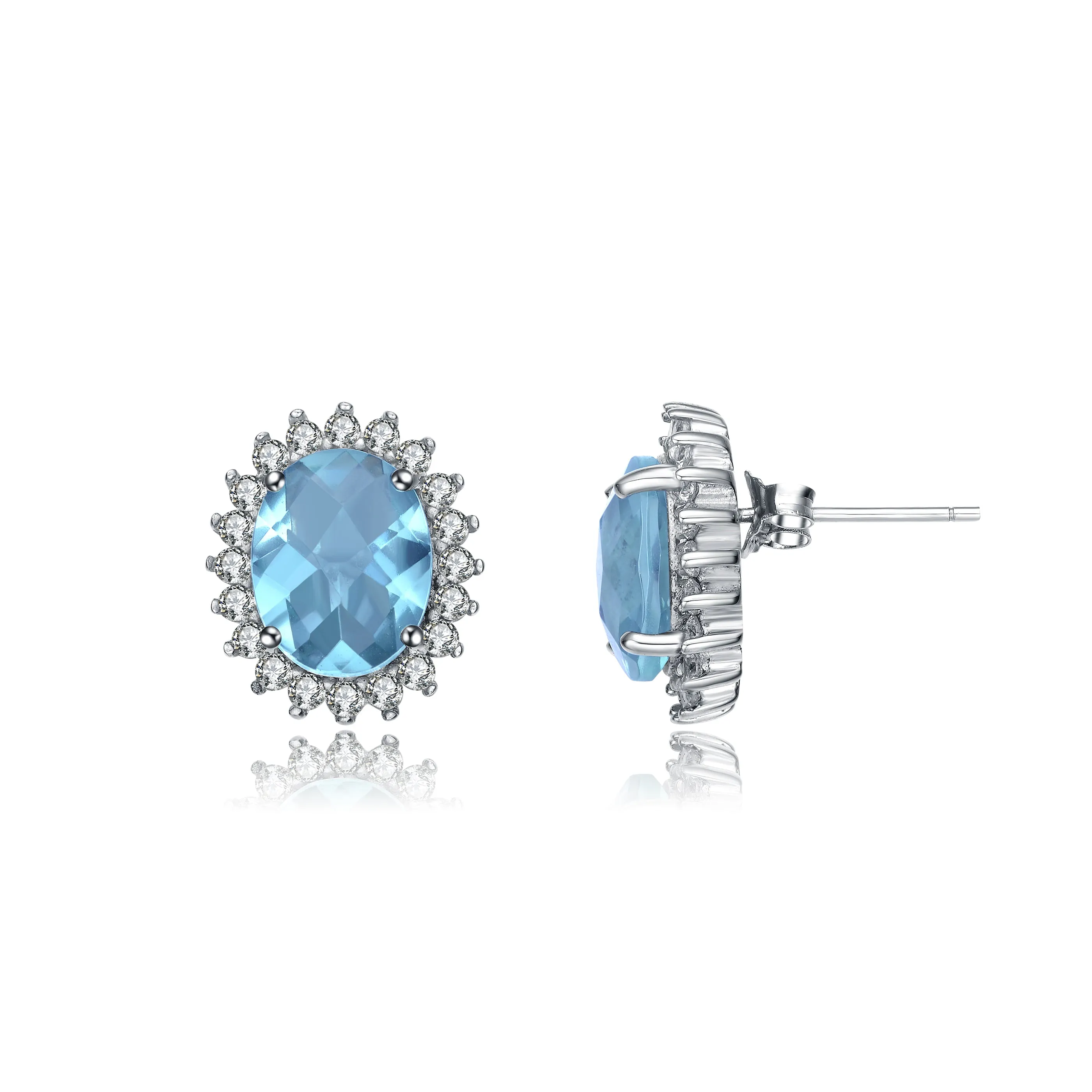 Sterling Silver Oval Ice Blue Cubic Zirconia Solitaire with Halo Burst Earrings