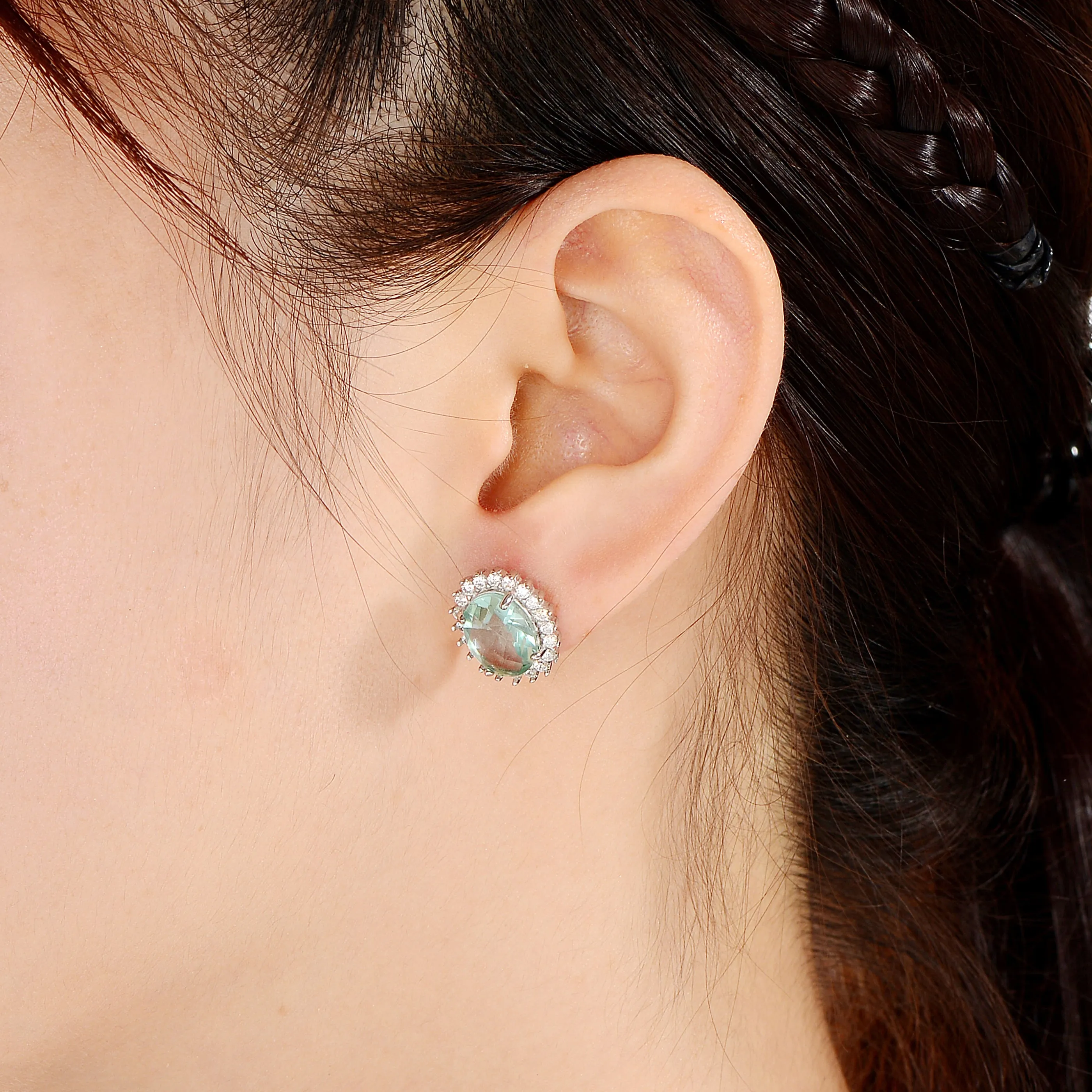 Sterling Silver Oval Ice Blue Cubic Zirconia Solitaire with Halo Burst Earrings