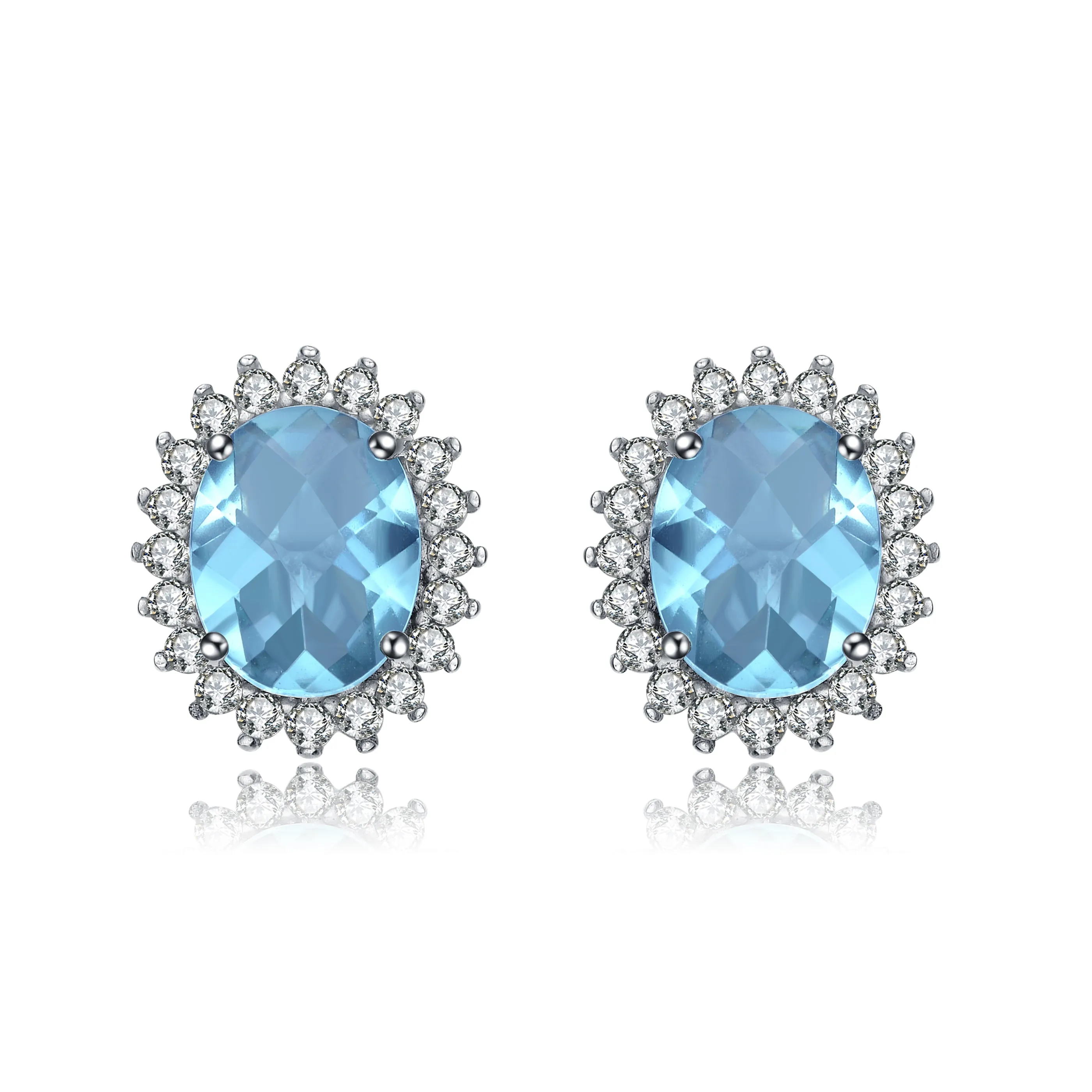 Sterling Silver Oval Ice Blue Cubic Zirconia Solitaire with Halo Burst Earrings
