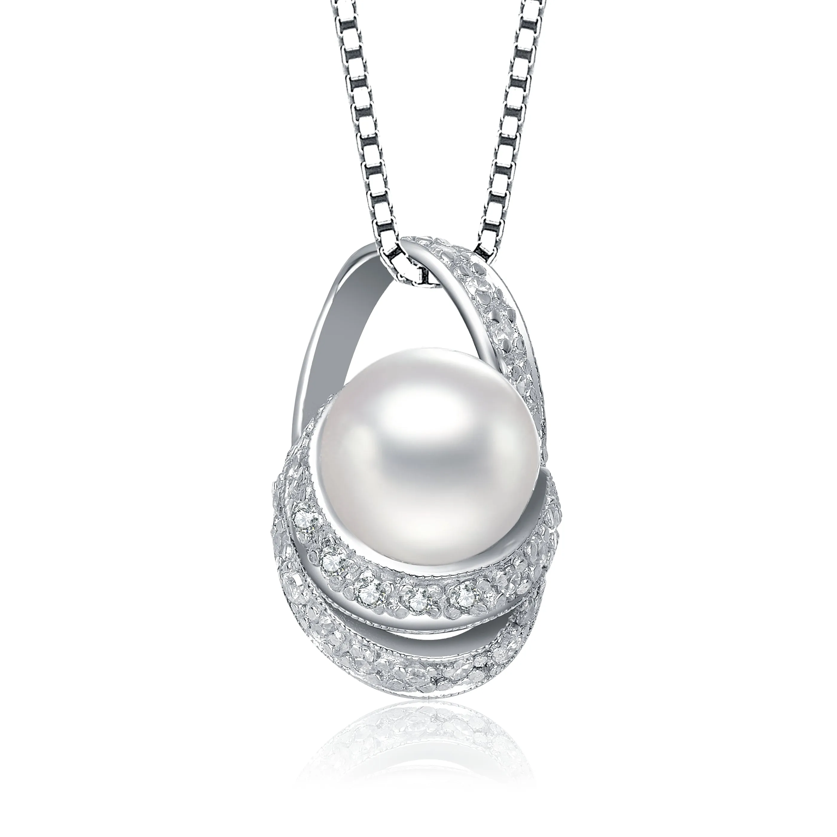Sterling Silver Pearl and Cubic Zirconia Infinity-Inspired Pendant