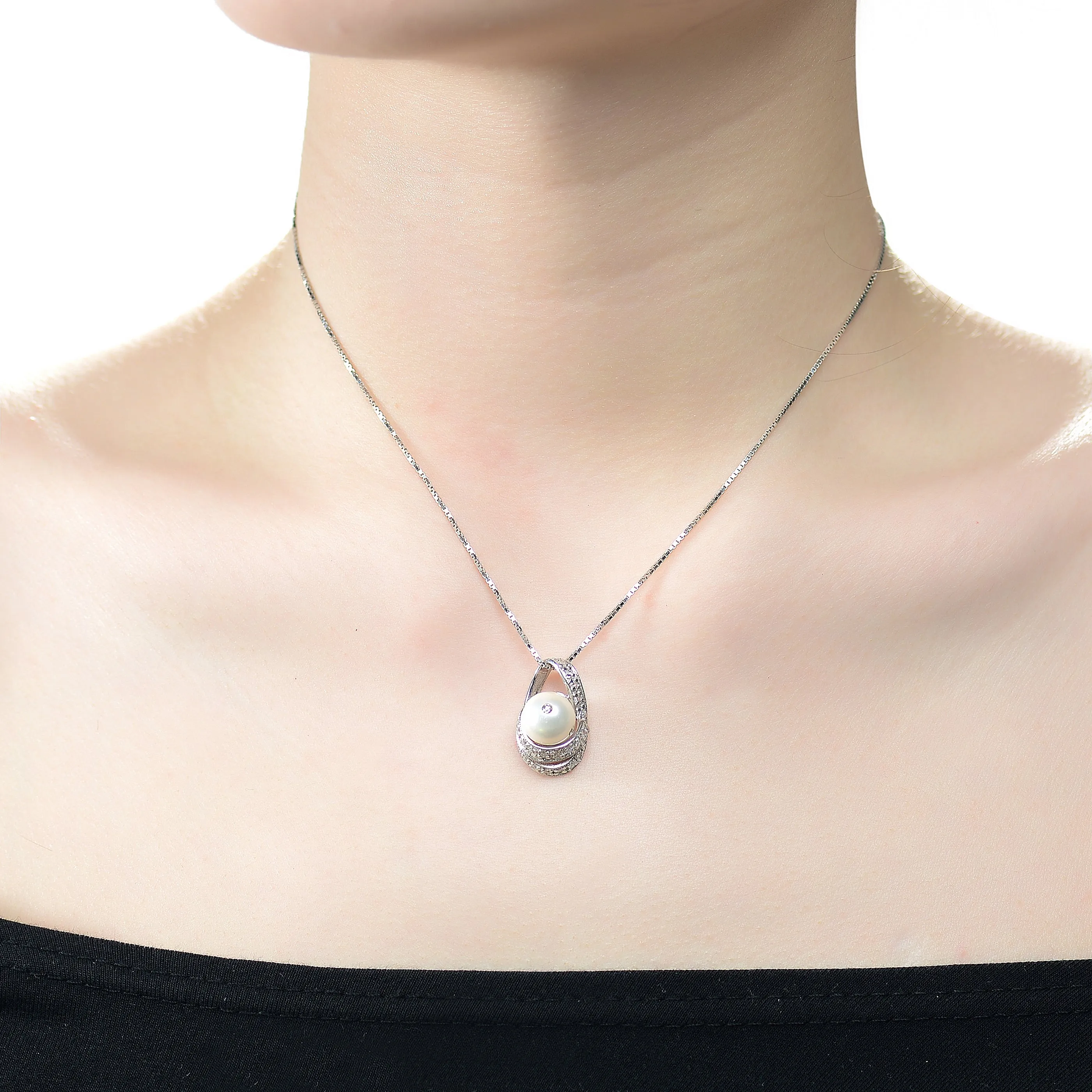 Sterling Silver Pearl and Cubic Zirconia Infinity-Inspired Pendant