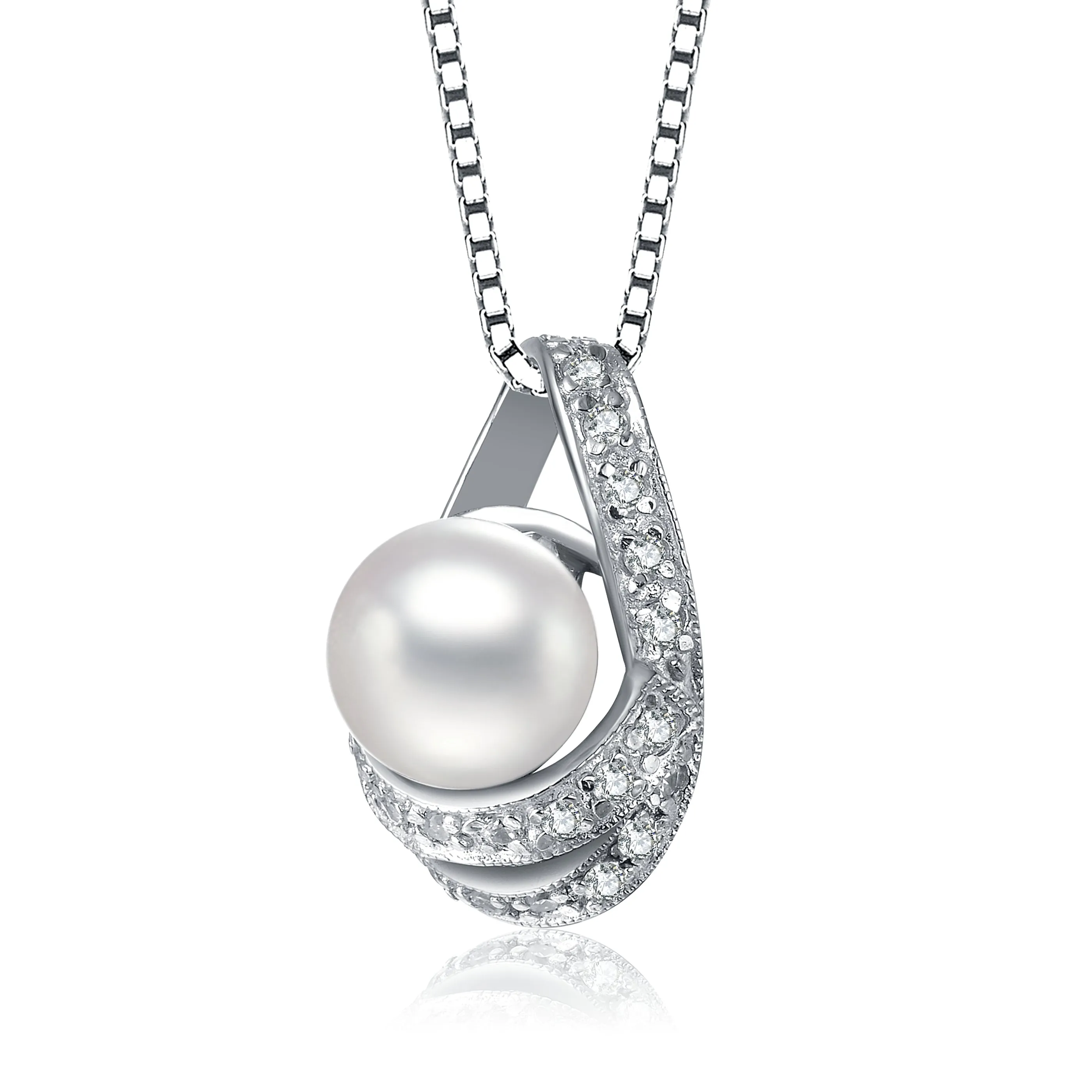 Sterling Silver Pearl and Cubic Zirconia Infinity-Inspired Pendant