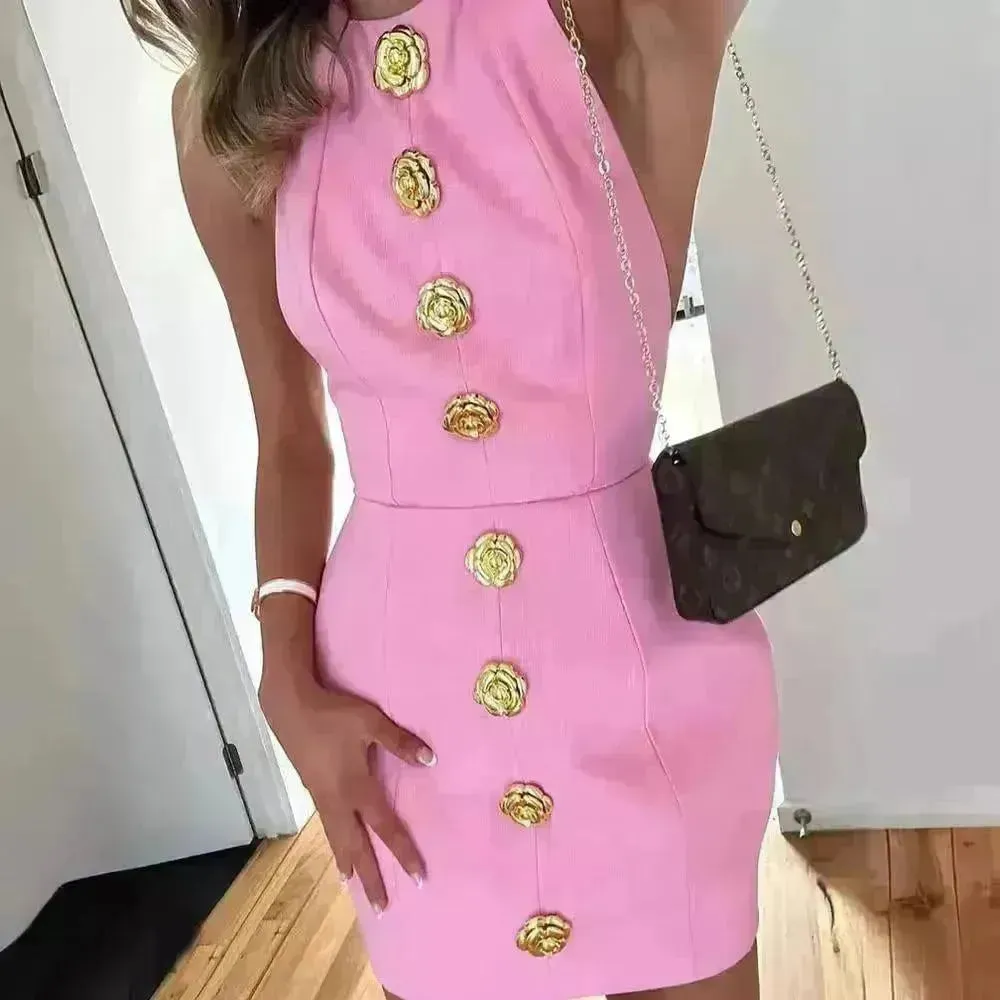 Sweet Sleeveless Backless Dress With Rose Button Design Summer Street Fashion Mini Dresses Women