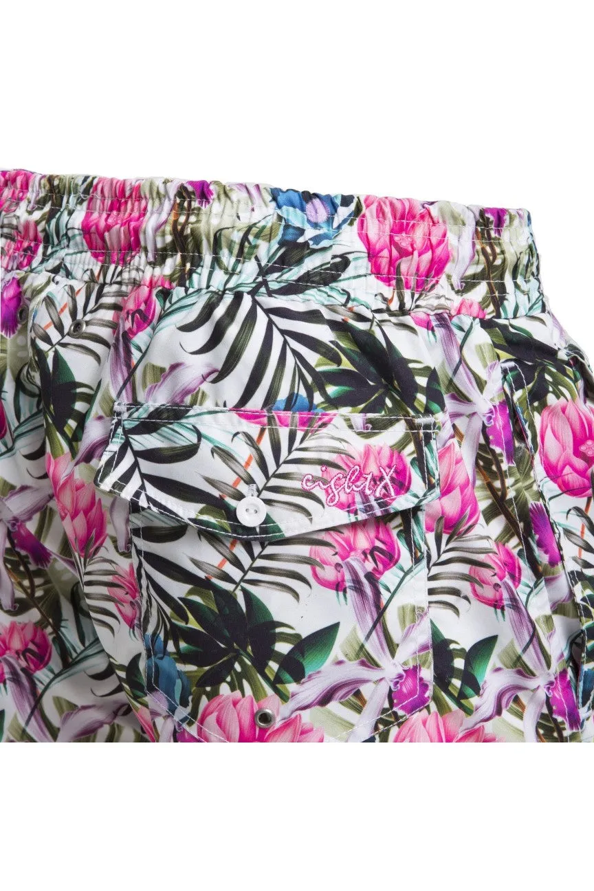 Tropical Flora Print Swim Trunks