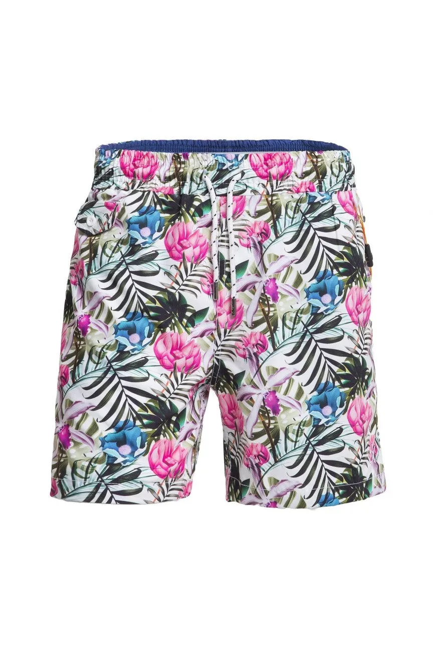Tropical Flora Print Swim Trunks