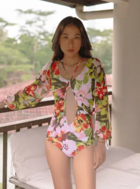 TROPICAL OPULENCE Bora Mesh Long Sleeve Cut Out Swimsuit in White / Red (Plus Size Available)