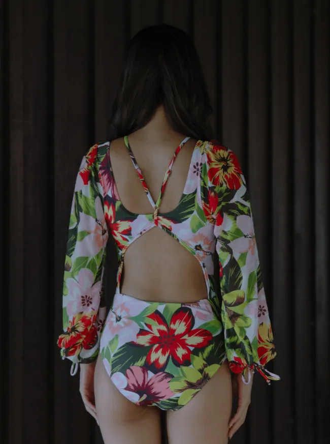 TROPICAL OPULENCE Bora Mesh Long Sleeve Cut Out Swimsuit in White / Red (Plus Size Available)