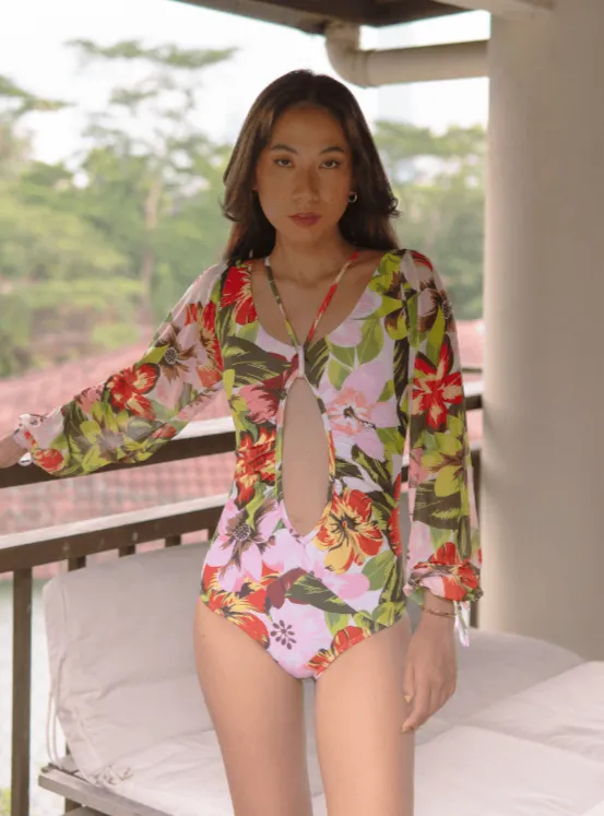 TROPICAL OPULENCE Bora Mesh Long Sleeve Cut Out Swimsuit in White / Red (Plus Size Available)