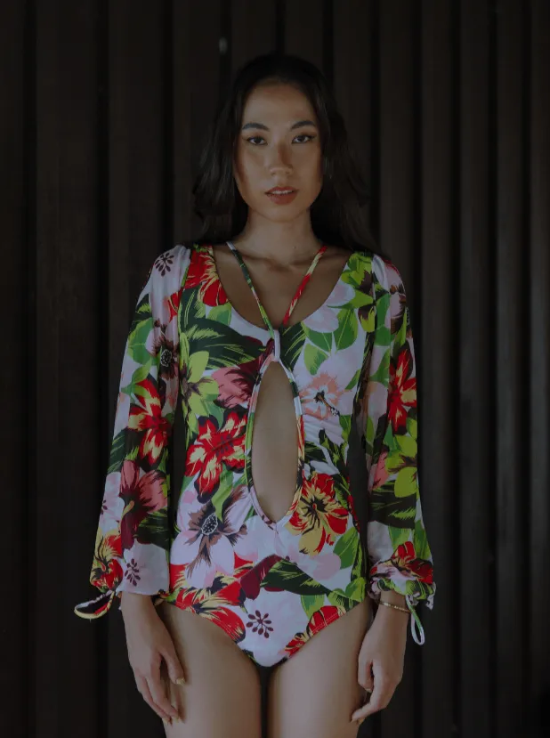 TROPICAL OPULENCE Bora Mesh Long Sleeve Cut Out Swimsuit in White / Red (Plus Size Available)