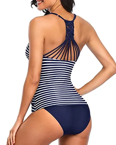 Two Piece Slimming And Flattering Bathing Suits For Women-Blue And White Strip