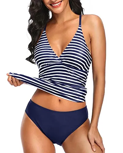 Two Piece Slimming And Flattering Bathing Suits For Women-Blue And White Strip