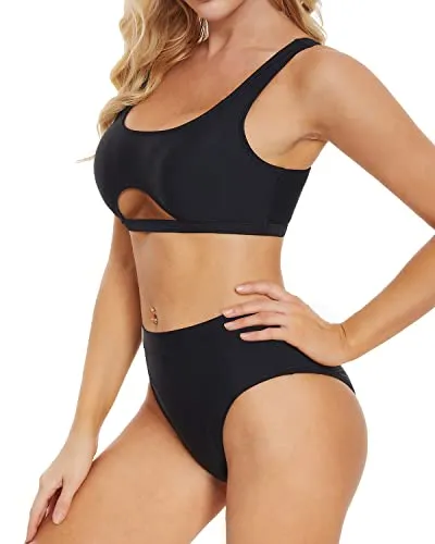 Underboob Two Piece Bikini For Women High Waisted Bathing Suit-Black