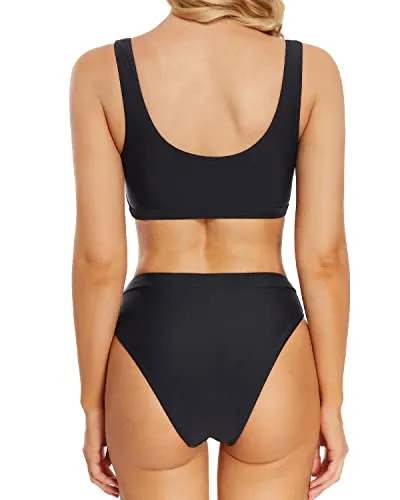 Underboob Two Piece Bikini For Women High Waisted Bathing Suit-Black