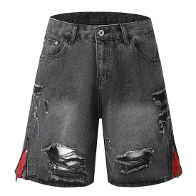 'Unraveled' Distressed Denim Shorts with Zip Detail