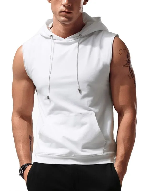 Wholesale Mens Workout Sleeveless Hooded Tank Tops with Pocket
