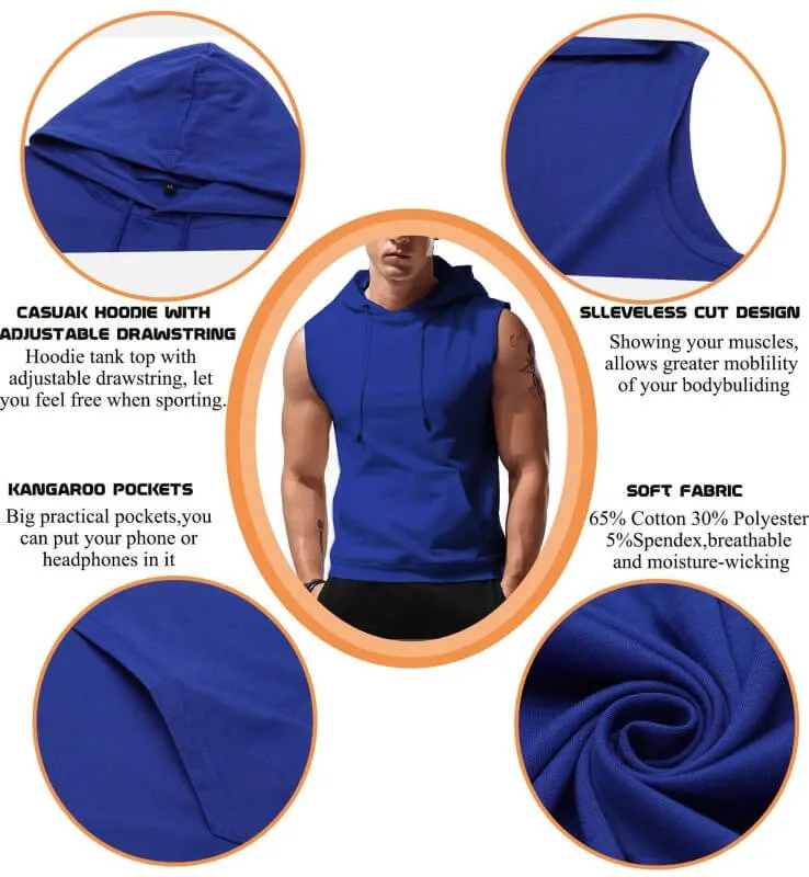 Wholesale Mens Workout Sleeveless Hooded Tank Tops with Pocket