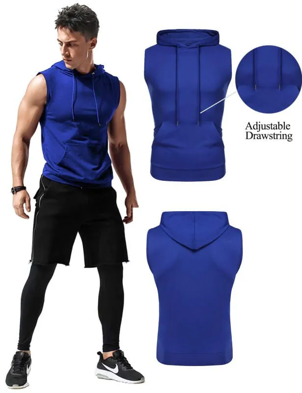 Wholesale Mens Workout Sleeveless Hooded Tank Tops with Pocket