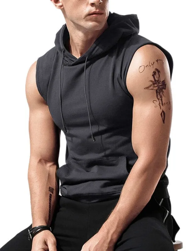 Wholesale Mens Workout Sleeveless Hooded Tank Tops with Pocket