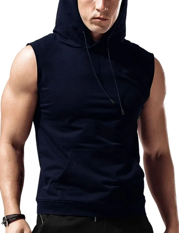 Wholesale Mens Workout Sleeveless Hooded Tank Tops with Pocket