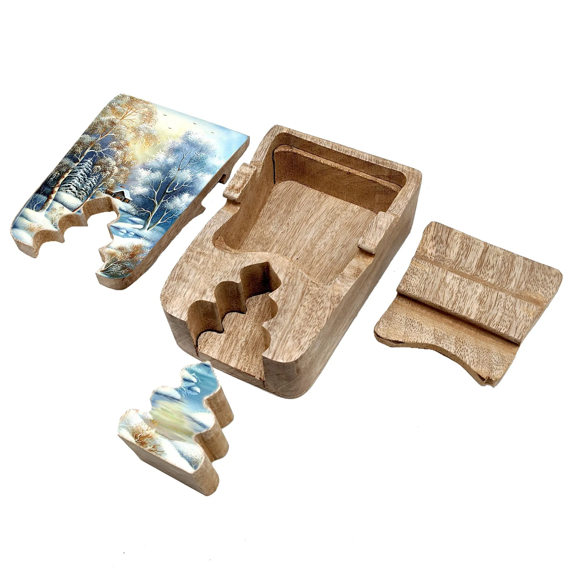 Winter Village Secret Wooden Puzzle Box 6x3.5" by G.DeBrekht, Unique Hand Carved Gift