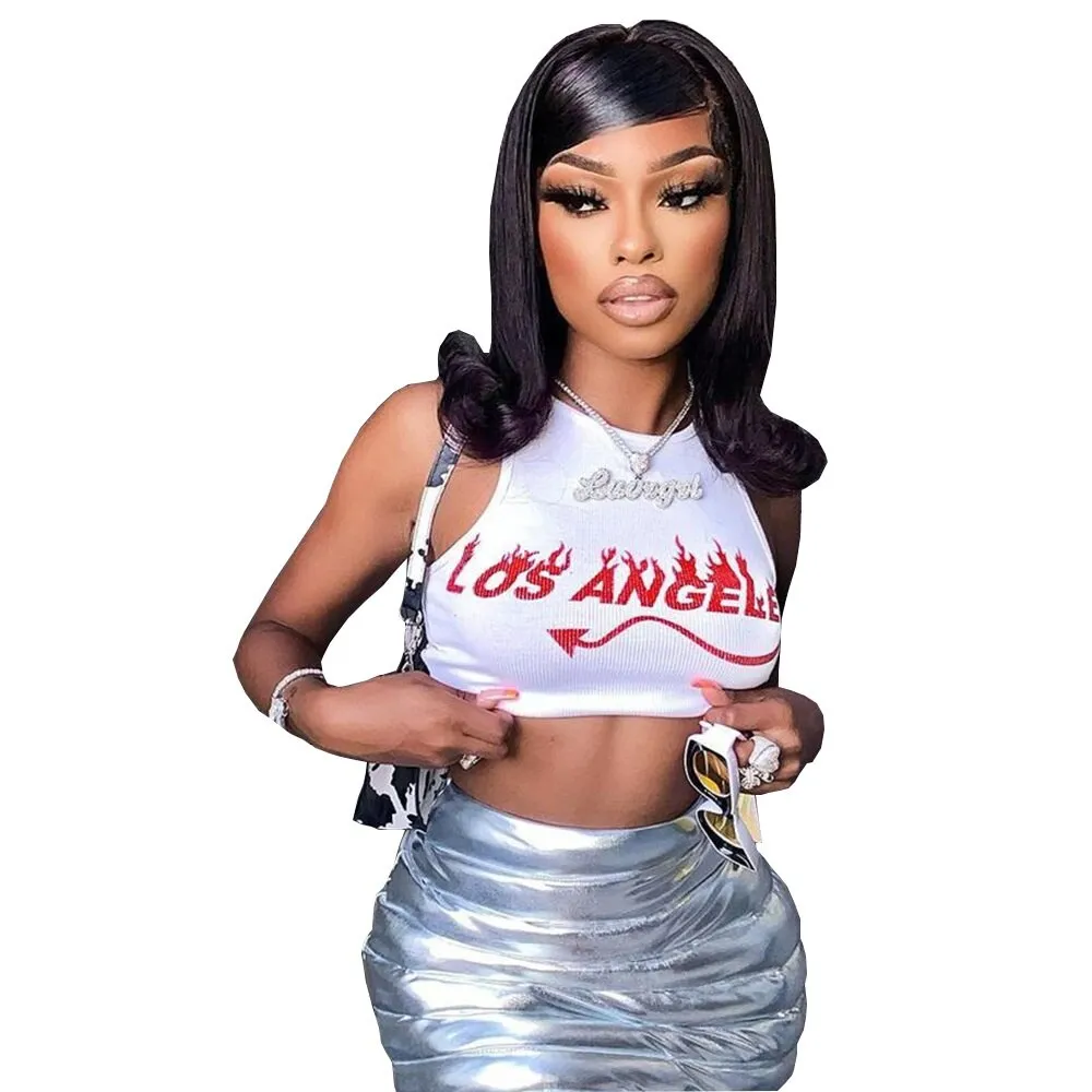Wjczt Women's T-shirt  2022 Summer Clothes Ins Vest Letter Print Navel Short Top Sleeveless High Street Nigh Club Outfit New