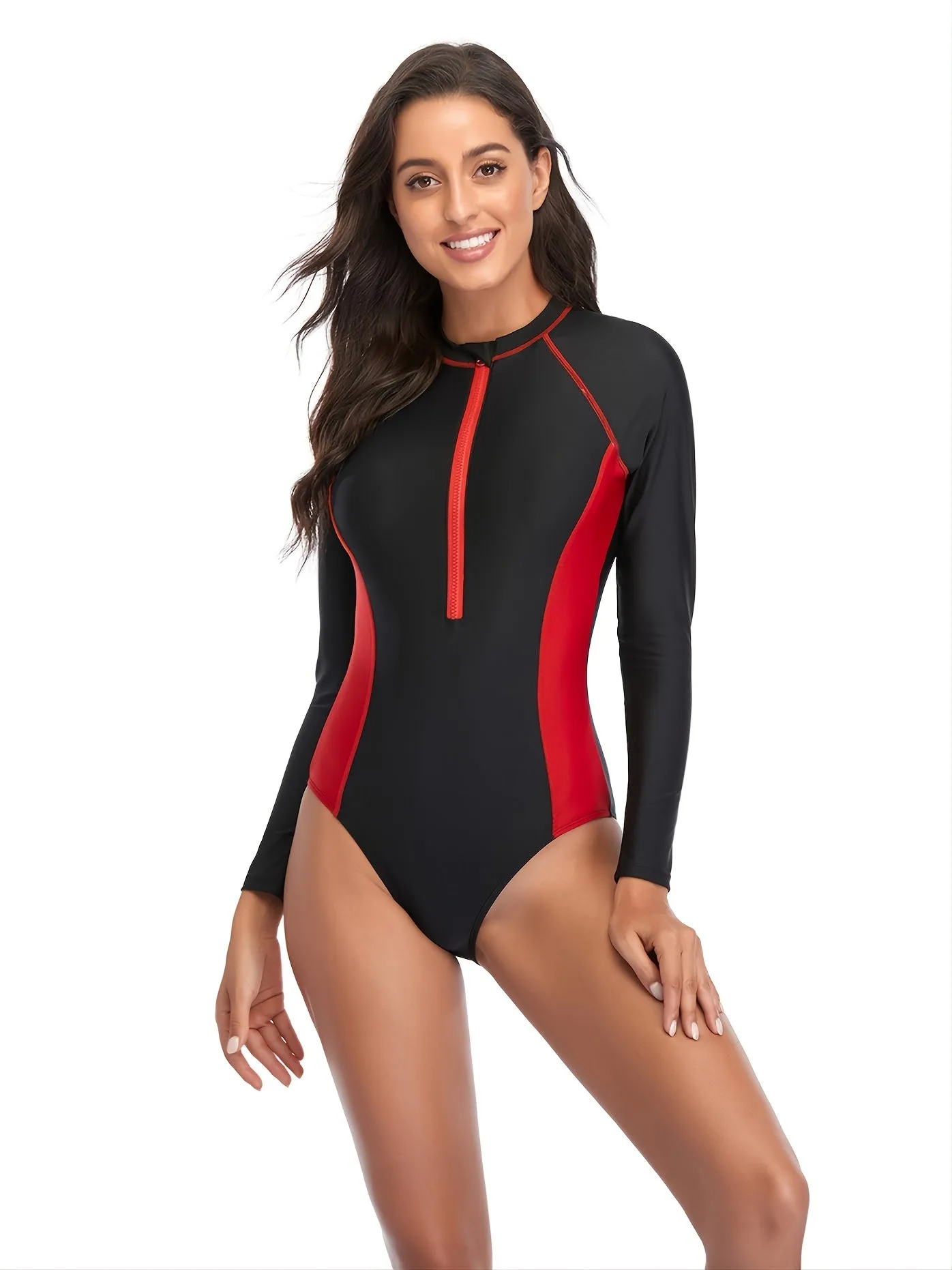 Women's Long Sleeve Front Zipper Swimwear Diving Fitness One Piece Swimwear UPF50  Rash Guard