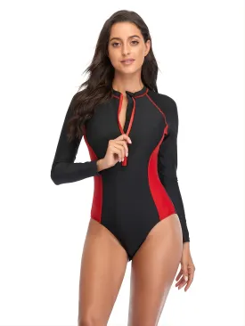 Women's Long Sleeve Front Zipper Swimwear Diving Fitness One Piece Swimwear UPF50  Rash Guard