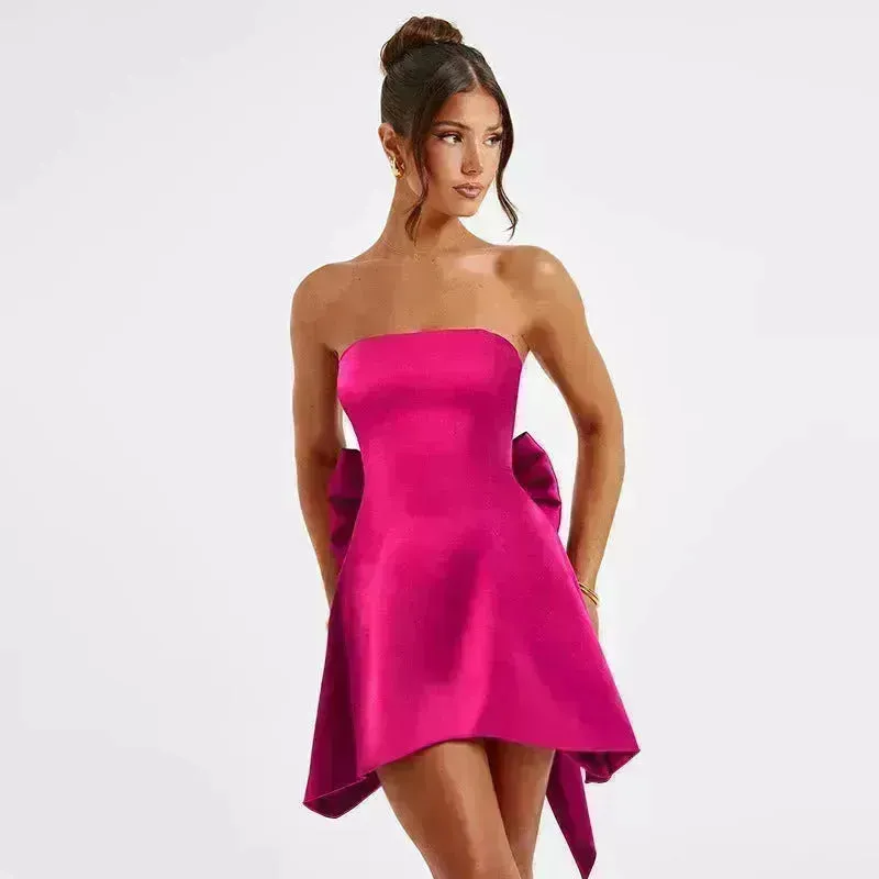 Women's Mini Tube Dress With Big Bow Summer Fashion Tube Top Short Skater Dress.