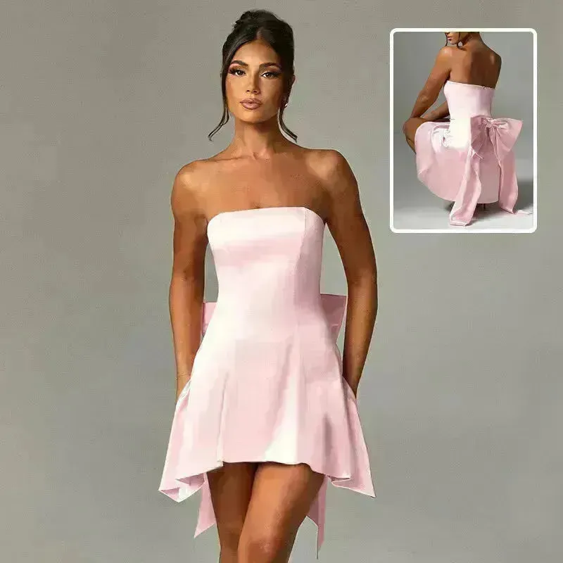 Women's Mini Tube Dress With Big Bow Summer Fashion Tube Top Short Skater Dress.