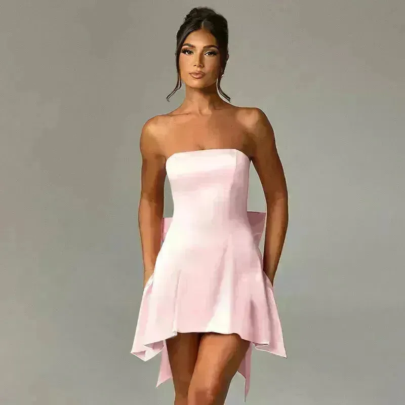 Women's Mini Tube Dress With Big Bow Summer Fashion Tube Top Short Skater Dress.