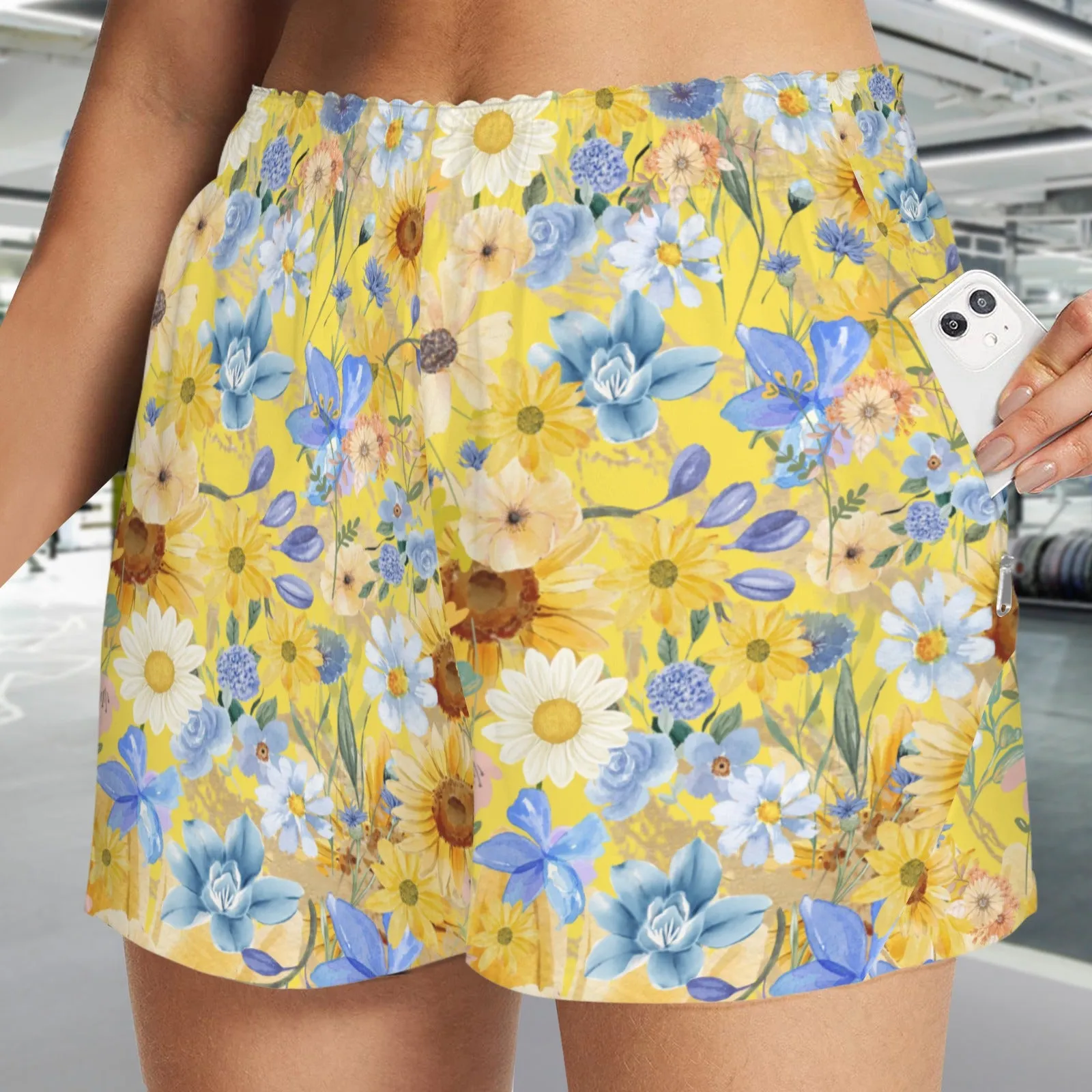 Yellow Floral Art Zip Pocket Shorts up to 5 XL (FWS)