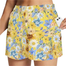 Yellow Floral Art Zip Pocket Shorts up to 5 XL (FWS)